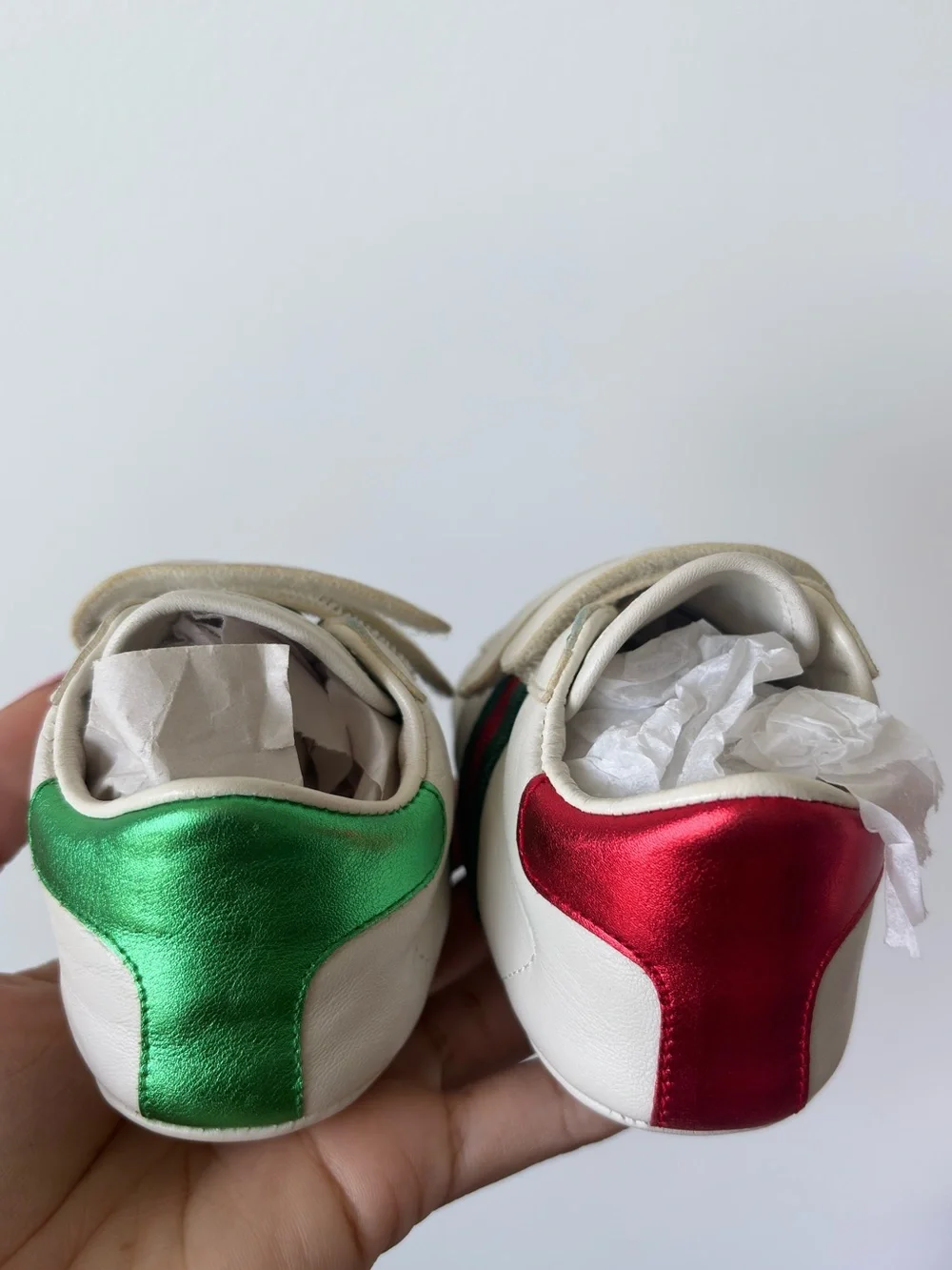 Infant Gucci White Leather Velcro Sneakers with Green & Red Accents